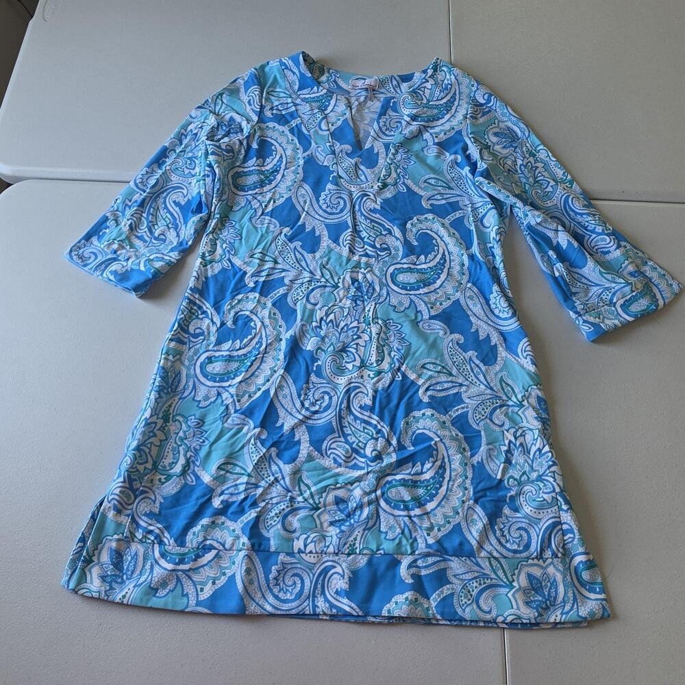 Jude Connally Dress Womens XL Blue Paisley Jersey 3/4 Sleeve V Neck Shift Casual